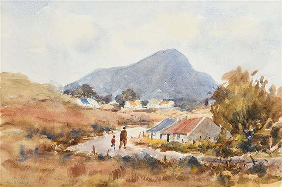 A watercolor landscape of a rural village nestled at the foot of a large hill.