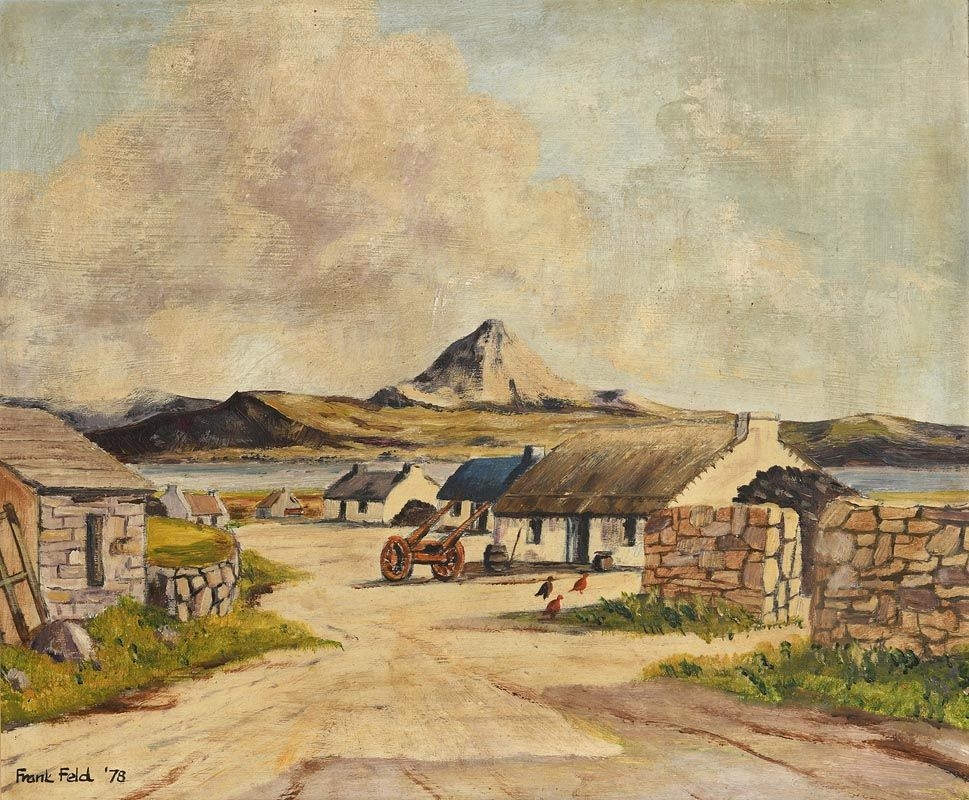 Artwork by Frank Feld, An Irish Hamlet with Thatched Cottages, Made of oil on board