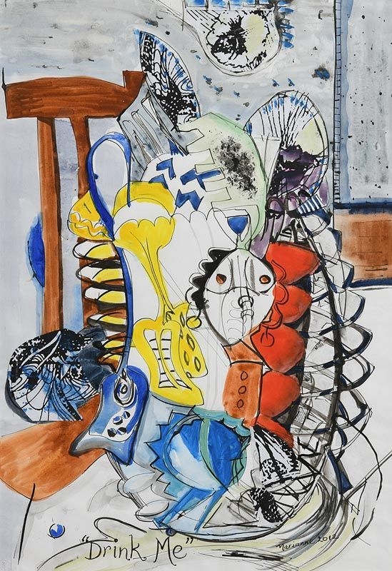Artwork by Marianne Sturtridge, Drink Me, Made of mixed media on paper