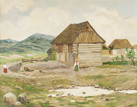 DVĚ DÍVKY U DŘEVNICE V PODHORSKÉ KRAJINĚ by Augustin Satra, 1900