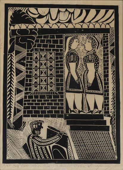 Two Sisters Room by John Ndevasia Muafangejo, dated 1968