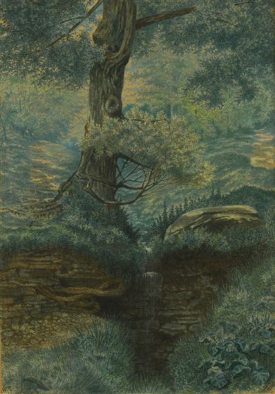 Willows by a stone wall with a waterfall by George Cruikshank, 1876