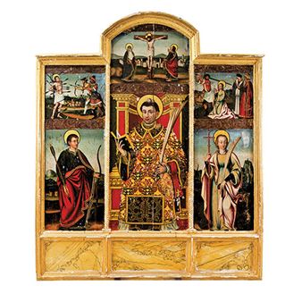 RETABLO DE SAN ESTEBAN CON SAN SEBASTIÁN, SANTA MARGARITA DE ANTIOQUÍA Y CRUCIFIXIÓN - Pere Mates