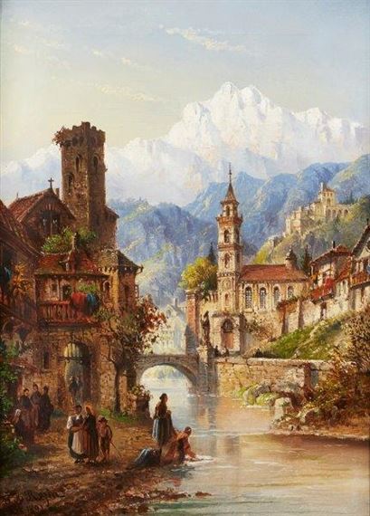 Village scene by Felice Auguste Rezia, dated 1891