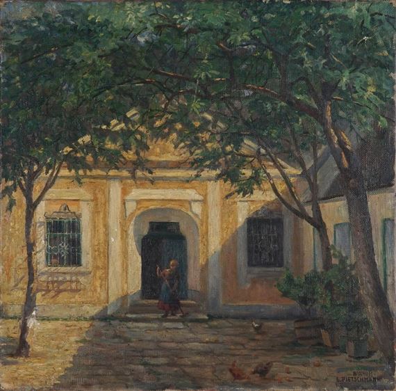 Figure in Courtyard Sweeping by Lina Bischoff-pietschmann
