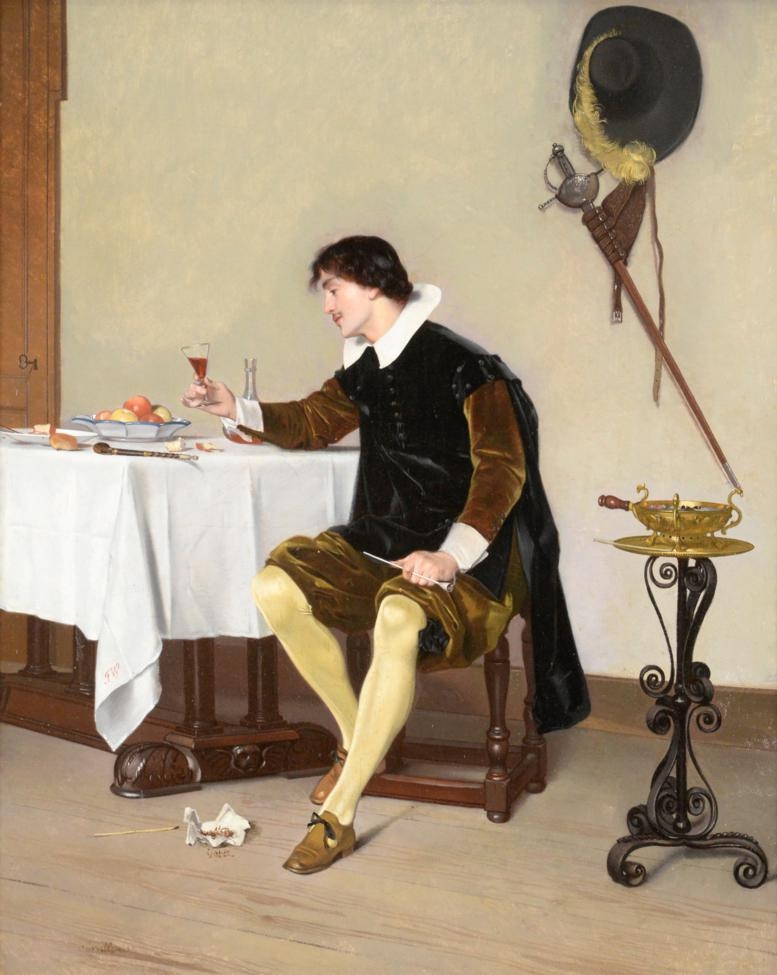 Artwork by Florent Willems, A seated gentleman in yellow britches reflecting with a glass of wine, Made of oil on canvas
