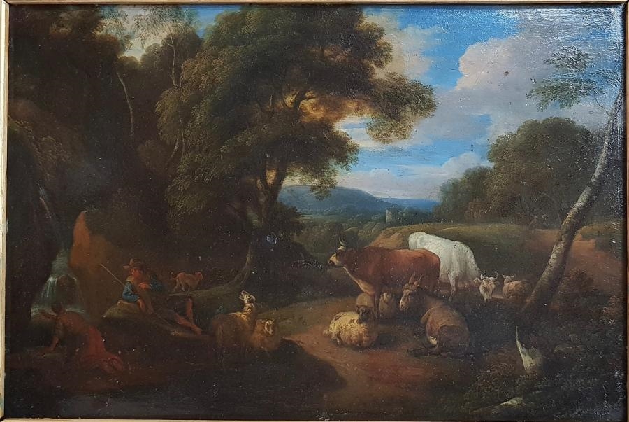 Artwork by Martinus de la Court, BERGERS ET LE TROUPEAU, Made of Oil on copper