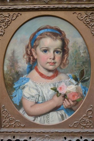 Portrait of a girl wearing blue ribbons and holding a bouquet of roses in a landscape by William M. Hay
