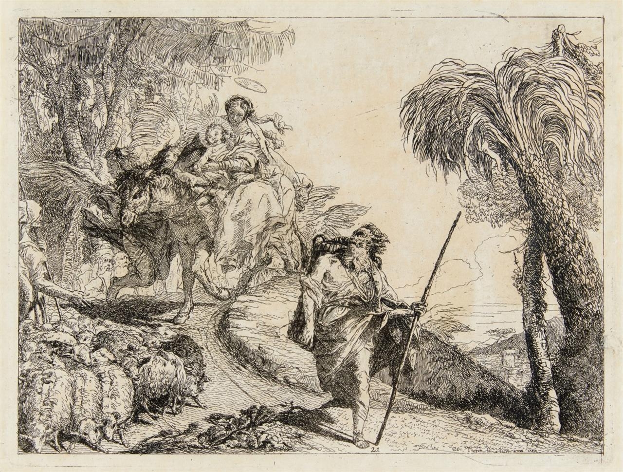 Die Heilige Familie kommt an einer Schafherde vorbei by Giovanni Domenico Tiepolo, 1753