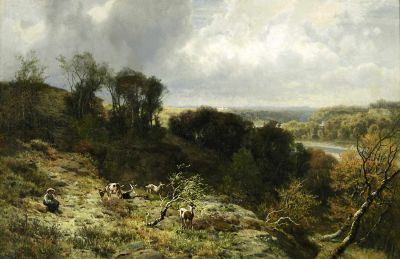 Herbst an der Isar mit Ziegenhirte by Arnold Steffan, 1879