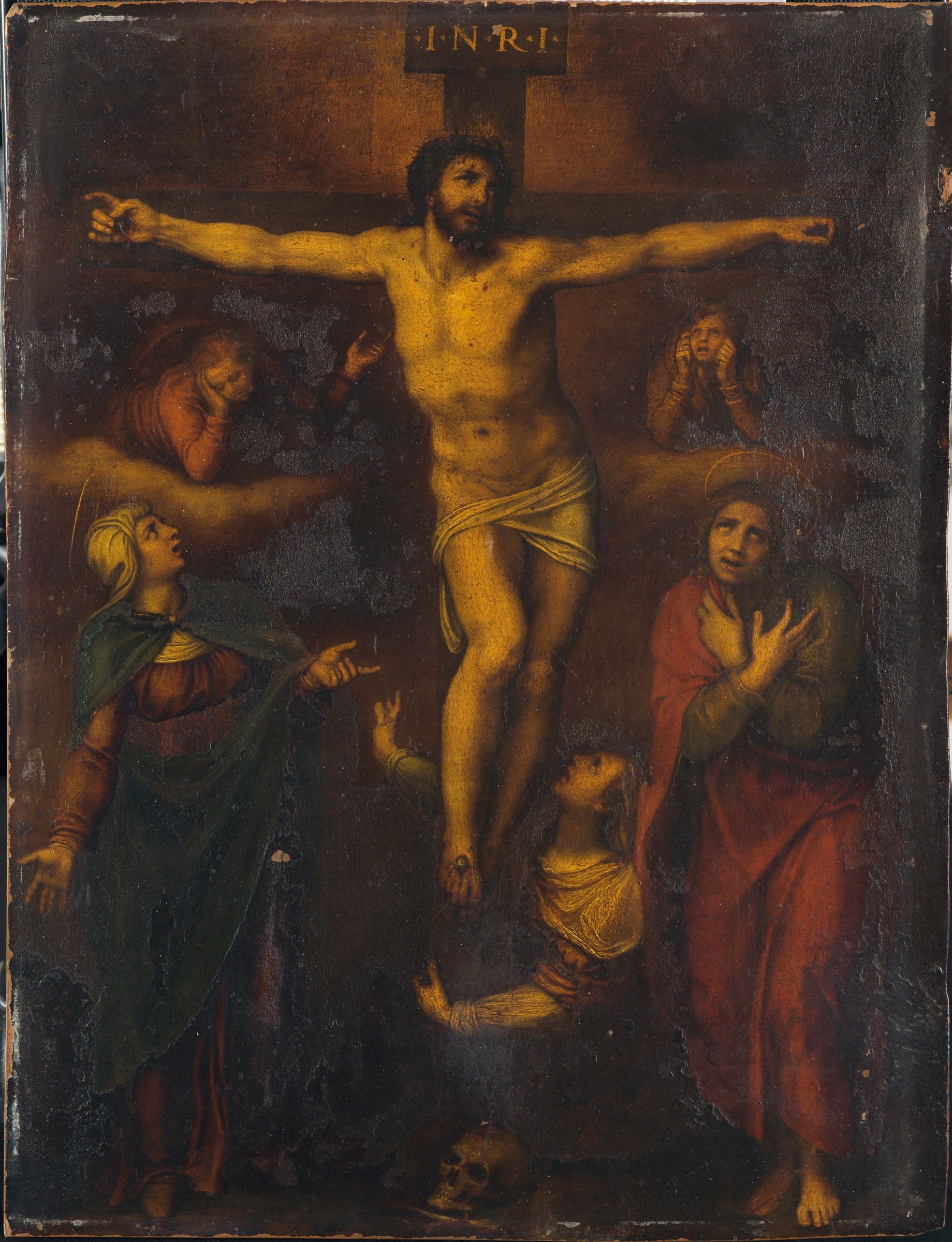 Cristo crocifisso vivo con la Madonna, San Giovanni e Maria Maddalena ai piedi della croce by Marcello Venusti