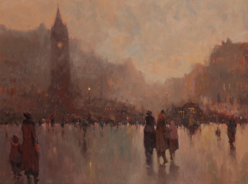 Artwork by Ken Moroney, Street scene at dusk, Made of oil on board