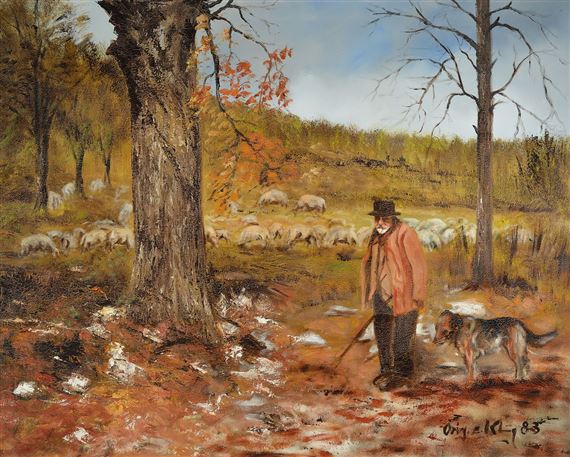 Shepherd with dog and his herd by Eduard Klug