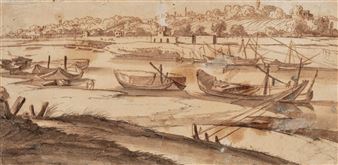 Paysage fluvial surplombé par une ville fortifiée - Abraham Furnerius