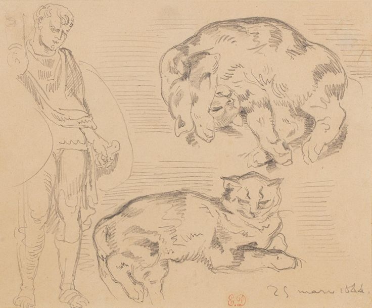 Artwork by Eugène Delacroix, Feuille d’étude avec deux chats et une étude d’homme aux boucliers, Made of Black pencil