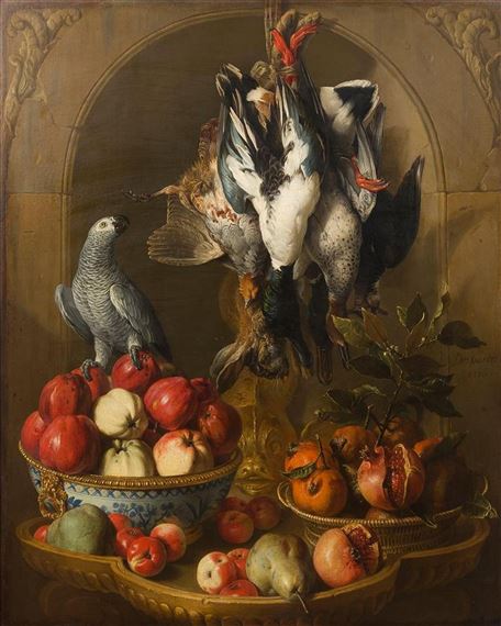 Nature morte au trophée de gibier, fruits et perroquet sur fond de niche by Alexandre-François Desportes, 1716