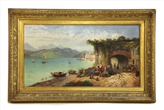 Figures beside an Italian lake - Carl Bohm