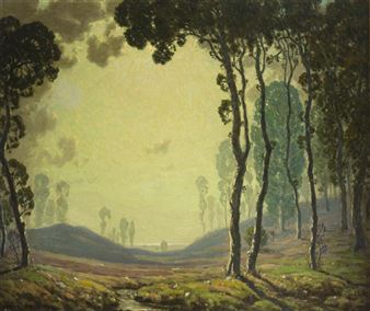 A hazy landscape painting featuring tall trees and rolling hills under a pale sky.