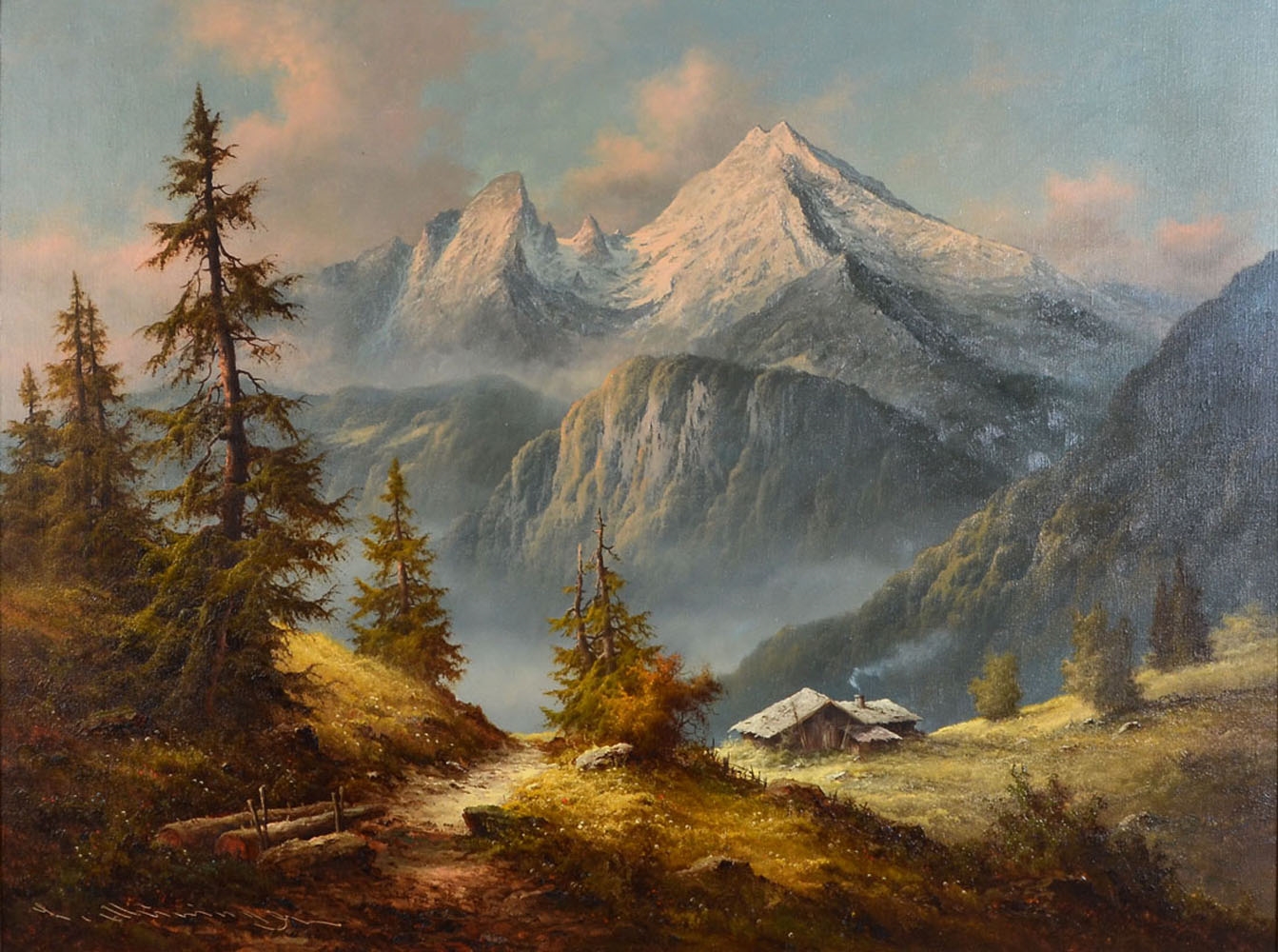 Ludwig Muninger Panoramic Summer Alpine Landscape Scene with Cabins