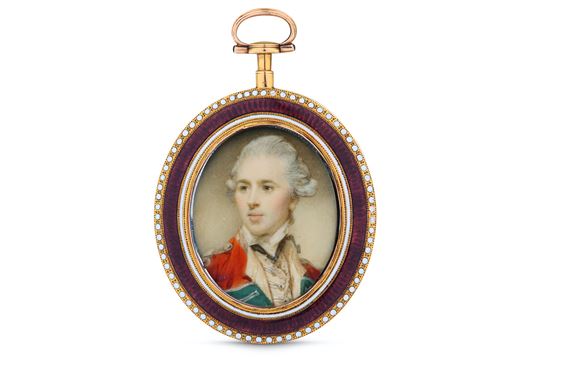 A fine portrait miniature of a dashing Officer by Jeremiah Meyer, circa 1765/1770