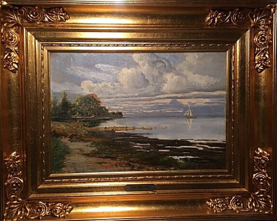 Coastal scenery with a sailing ship passing by by Emil Carl Lund