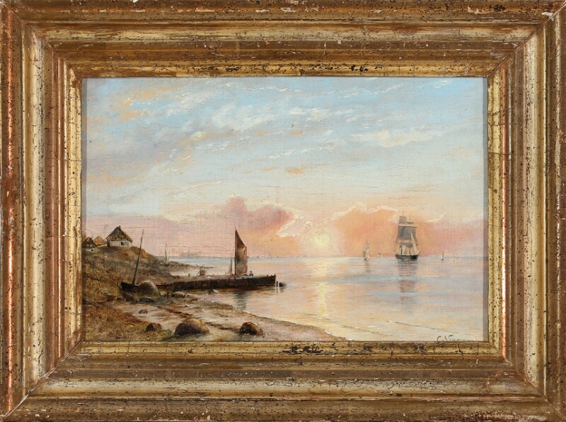 Carl Neumann | Sunrise over a fishing village with sailing ships on the ...