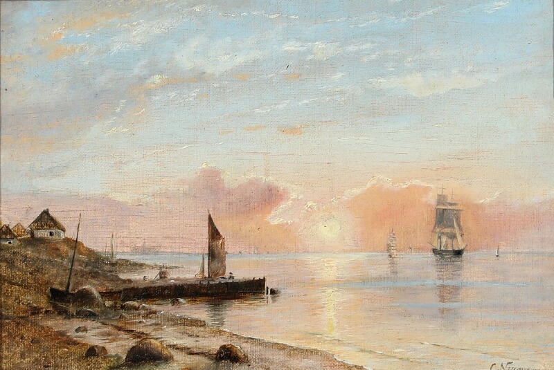 Carl Neumann | Sunrise over a fishing village with sailing ships on the ...