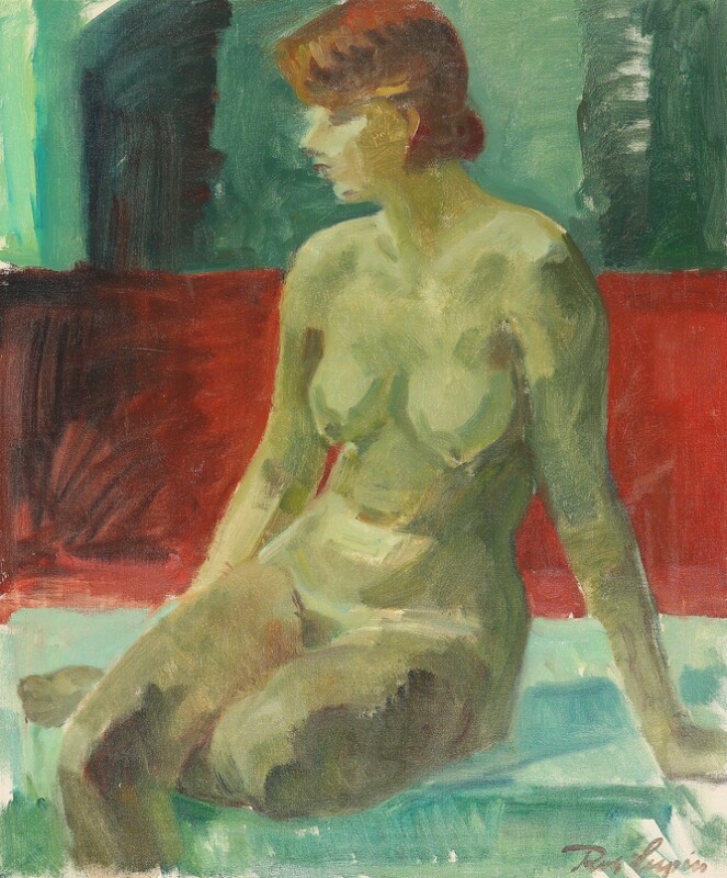 Artwork by Robert Leepin, Sitting nude woman in green and red surroundings, Made of Oil on canvas