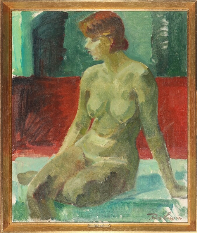 Artwork by Robert Leepin, Sitting nude woman in green and red surroundings, Made of Oil on canvas