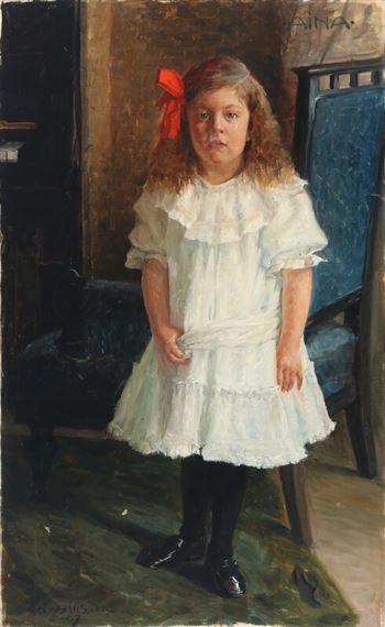 Portrait of Aina standing with a red bow in her hair by Helmer MasOlle, 1907
