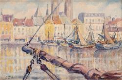 A watercolor scene of a harbor with fishing gear in the foreground and boats docked near colorful buildings.