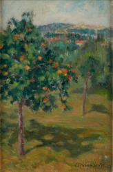 A landscape painting featuring a fruit-bearing tree in the foreground with distant hills.