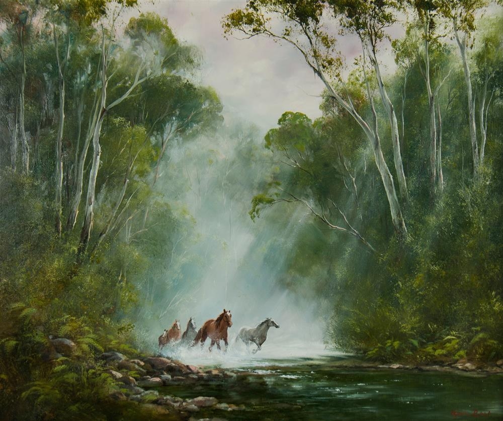Artwork by Kevin John Best, Brumbies Running Through a Forest Stream, Made of Oil on Board