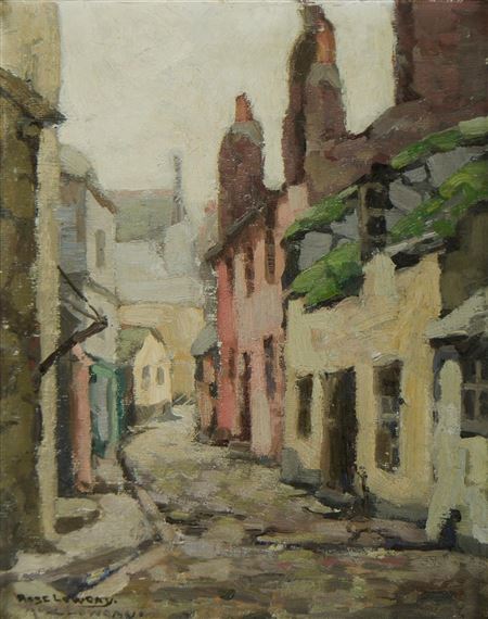 A textured oil painting of a narrow, sunlit alleyway lined with weathered buildings.