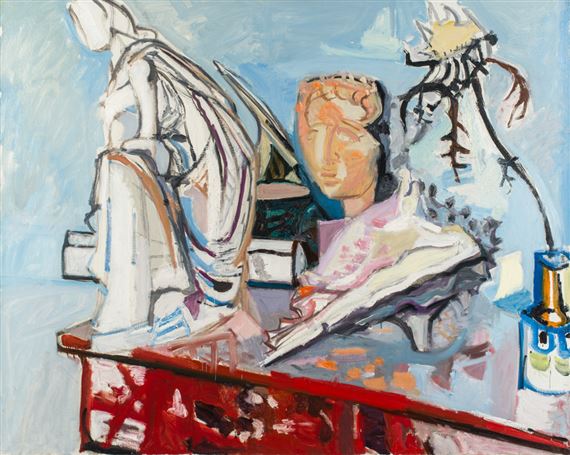 Stillleben mit Gipsstatuette, Etruskermaske und Muschel by Max Gubler