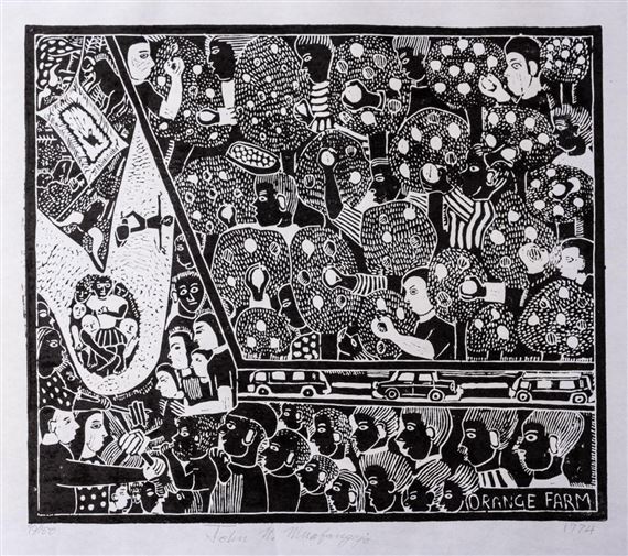 ORANGE FARM (Levinson 65) by John Ndevasia Muafangejo, 1974