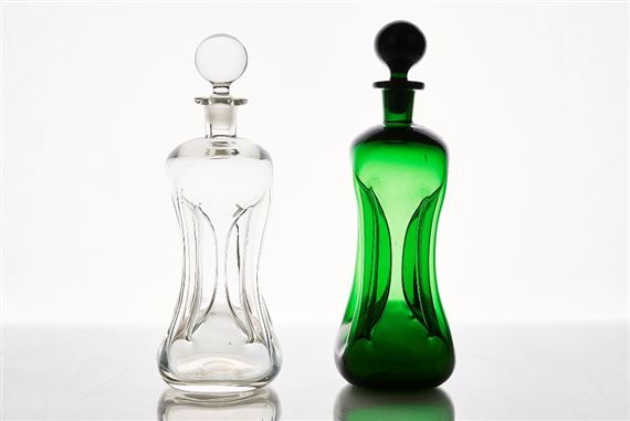 Two Kluk Kluk Glass Decanters and Stoppers by Jacob Eiler Bang, circa 1965