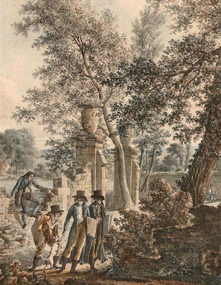 Dessinateurs découvrant les ruines antiques lors d'une promenade dans un parc - Charles Stanislas L'Éveillé