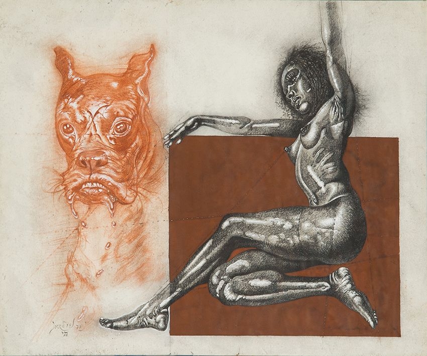 Artwork by José Parades Jardiel, Bóxer y mujer, Made of Charcoal and sanguine on paper