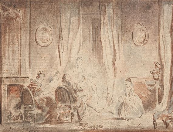 An interior scene in a salon by German School, 18th Century, 1757