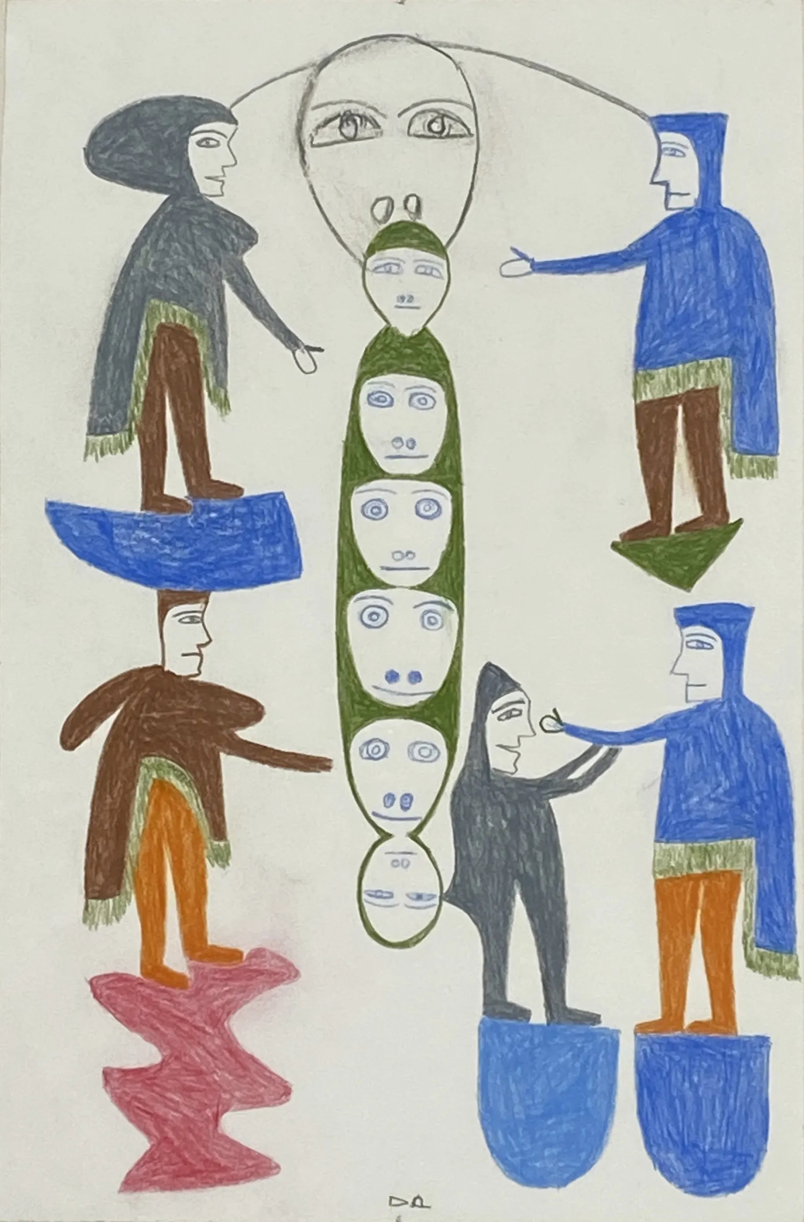 Artwork by Jessie Oonark, Untitled (Composition with Faces and Balancing Figures), Made of coloured pencil on paper
