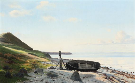 Coastal scenery with a dinghy on the shore by Harald Frederik Foss, 1882