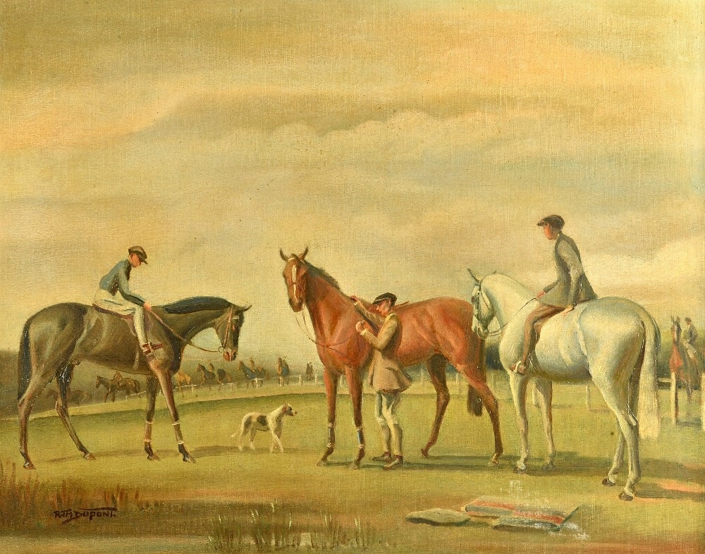 Artwork by Richard John Munro Dupont, Horses and jockeys in a paddock, Made of oil on canvas