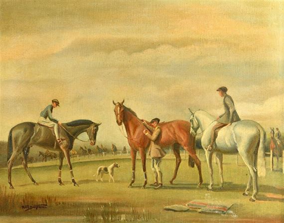 Horses and jockeys in a paddock by Richard John Munro Dupont