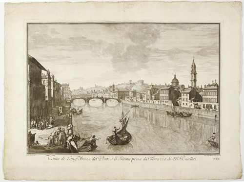 Veduta di Lung Arno e del Ponte a S Trinita presa dal Terrazzo dé SSRucellai Florence, Bouchard,  by Johann Sebastian Müller, 1754