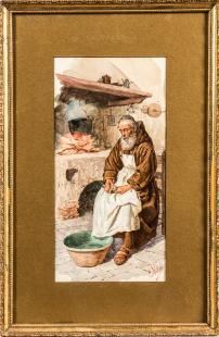 Contemplative Monk Peeling Potatoes by a Hearth by Edouardo Vitali