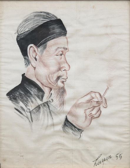 Old man with cigarettes by Nguyen Duc Huyen, 1955