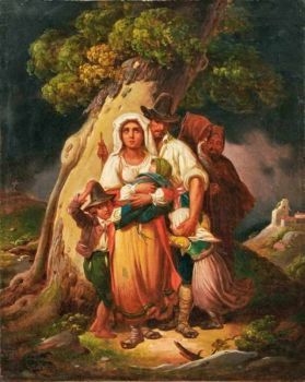 Artwork by Edmund Wodick, Vor einem Gewittersturm Schutz unter einem Baum Suchende bei Olevano Romano, Made of Oil  on  canvas
