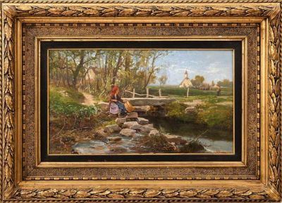 Gustav Ranzoni | Landschaft mit Bauernmagd am Bach und Kirchgängern im ...