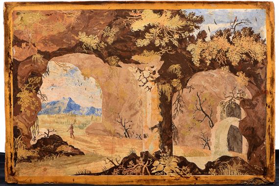 Panneau en scagliola à décor polychrome d'un paysage de ruines animé - Frederico Pocsino